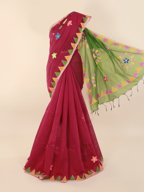 

Pothys Magenta Solid Cotton Blend Saree with Aplic Work