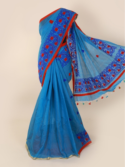 

Pothys Blue Solid Cotton Blend Saree with Floral Embroidered Ornamentation