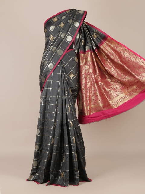 

Pothys Charcoal Grey & Pink Jute Silk Woven Design Saree