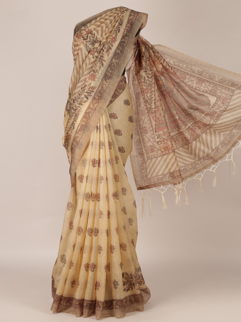 

Pothys Brown Printed Jute Silk Saree with Jhalar Work Pallu