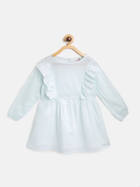 

starbug Girls White & Blue Striped Pure Cotton A-Line Dress with Ruffled Detail