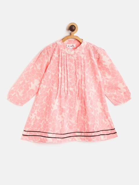 

starbug Girls Pink & White Floral Print Pure Cotton A-Line Dress with Pleated Detail