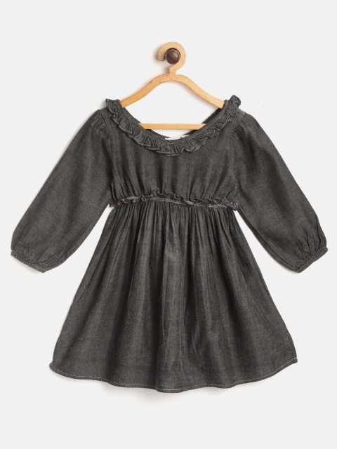 

starbug Girls Black Solid Pure Cotton A-Line Denim Dress with Ruffled Detail