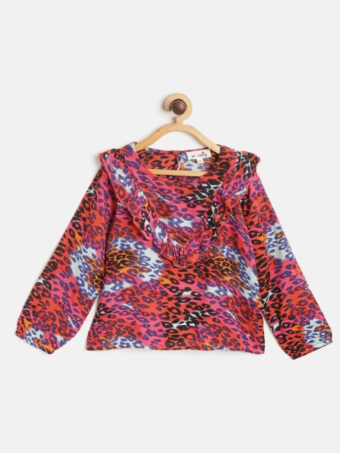 

starbug Red & Pink Animal Print Pure Cotton A-Line Top with Ruffled Detail