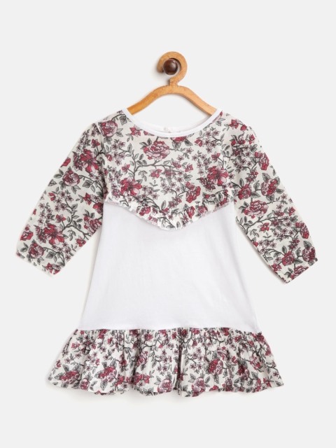 

starbug Girls White & Pink Pure Cotton Floral Printed Drop-Waist Dress