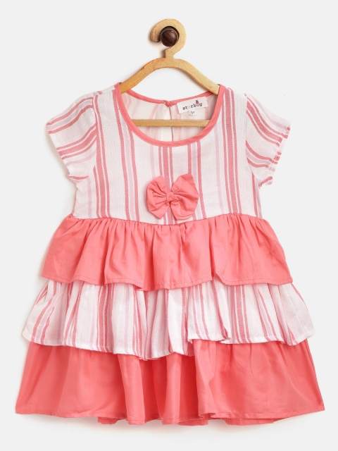 

starbug Girls White & Coral Pink Striped Pure Cotton Tiered Fit & Flare Dress