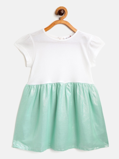 

starbug Girls White & Turquoise Blue Colourblocked Cotton A-Line Dress with Shimmer Detail