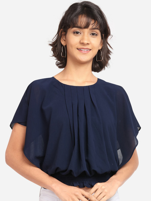 

Clothzy Women Navy Blue Solid Blouson Top
