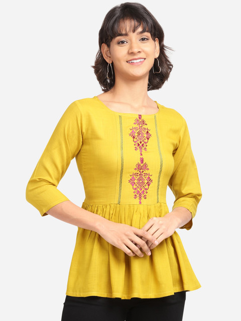 

Clothzy Women Yellow Embroidered Peplum Pure Cotton Top