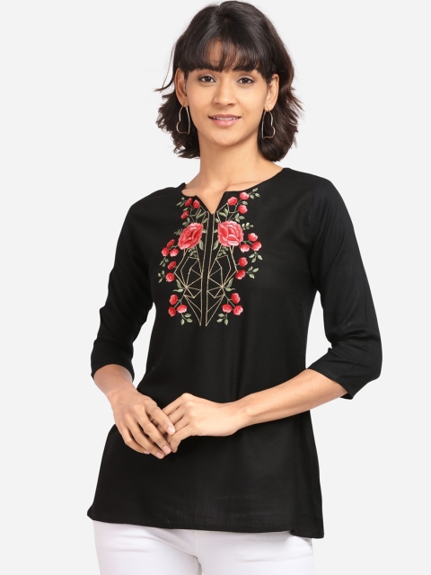 

Clothzy Women Black Embroidered A-Line Top