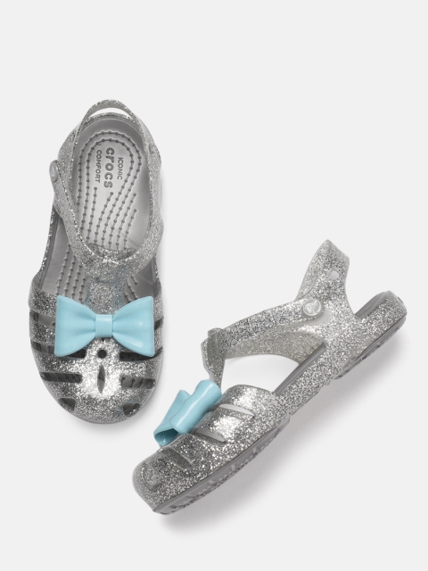 

Crocs Kids Silver-Toned Isabella Charm Embellished Open Toe Flats