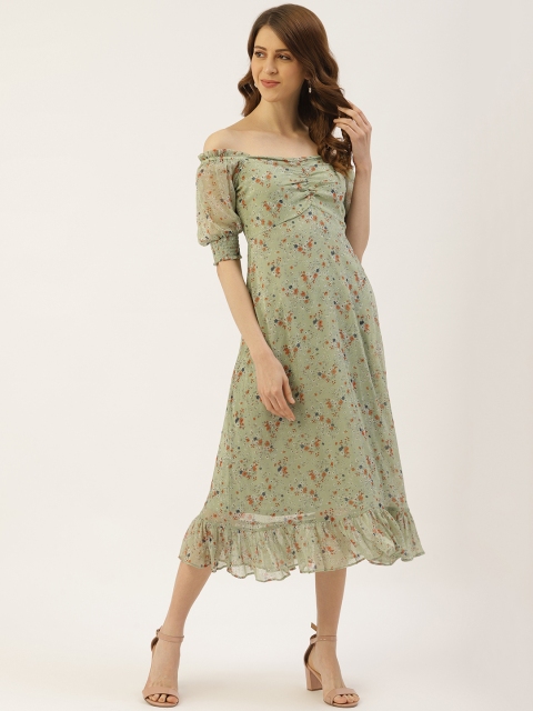 

20Dresses Women Sea Green & Red Floral Printed Off-Shoulder A-Line Dress