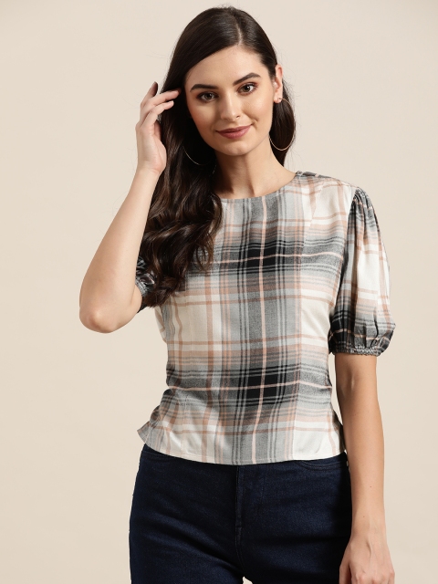 

20Dresses Pink & Navy Blue Checked Puff Sleeves Cinched Waist Top