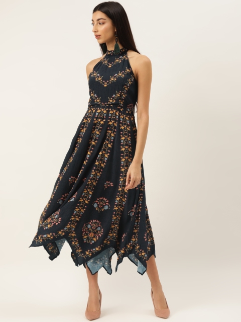 

Label Ritu Kumar Women Black & Mustard Yellow Floral Print A-Line Asymmetric Dress