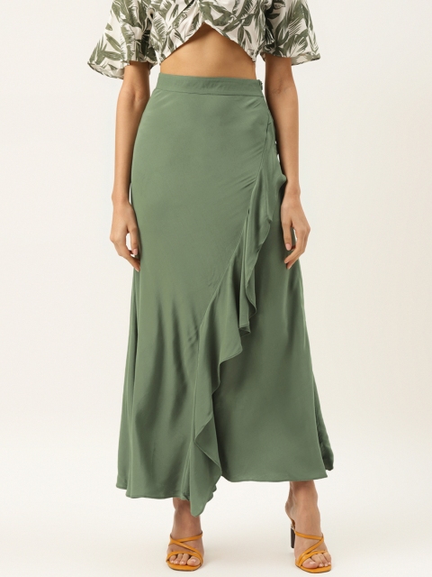 

Label Ritu Kumar Women Olive Green Solid Ruffle A-Line Maxi Skirt