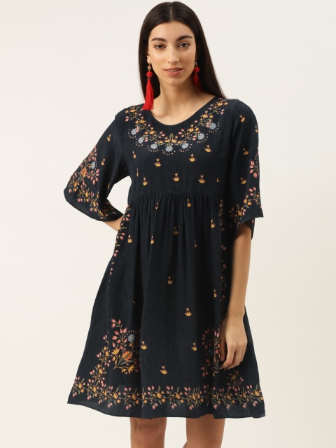 

Label Ritu Kumar Women Navy Blue & Mustard Yellow Floral Print A-Line Dress