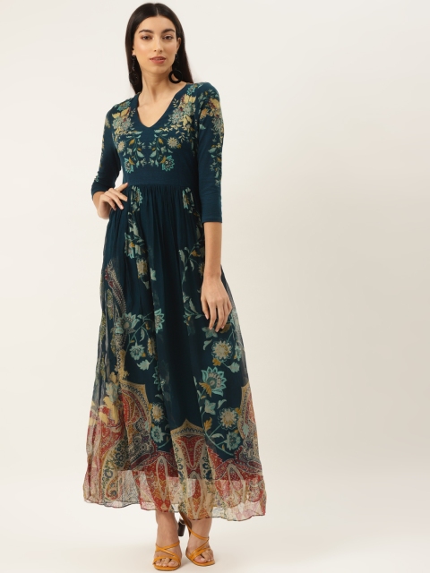 

Label Ritu Kumar Women Teal Blue & Mustard Yellow Floral Print Maxi Dress