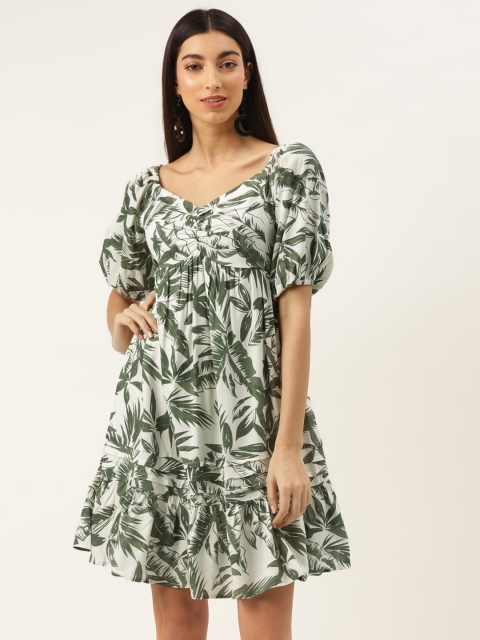 

Label Ritu Kumar Women White & Green Tropical Print A-Line Dress