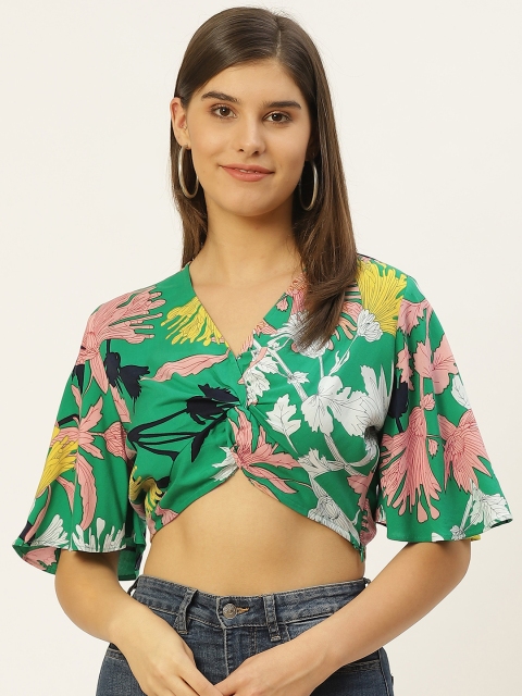 

Label Ritu Kumar Green & Pink Floral Printed Flared Pleeves Twisted Regular Crop Top