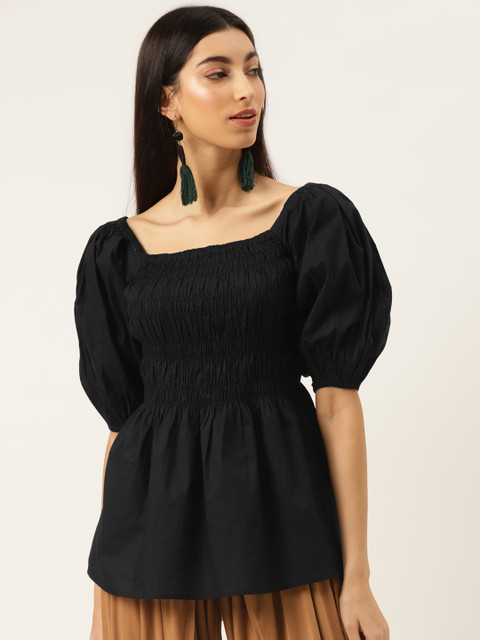 

Label Ritu Kumar Women Black Solid Cotton Smocked A-Line Top