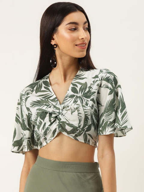 

Label Ritu Kumar Women White & Green Tropical Print Twisted Regular Crop Top