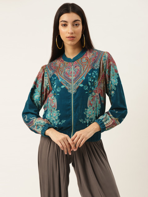 

Label Ritu Kumar Women Teal Blue & Pink Printed Velvet Finish Ethnic Bomber Jacket