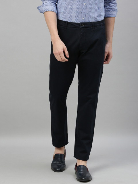 

RARE RABBIT Men Navy Blue Regular Fit Solid Cotton Trousers