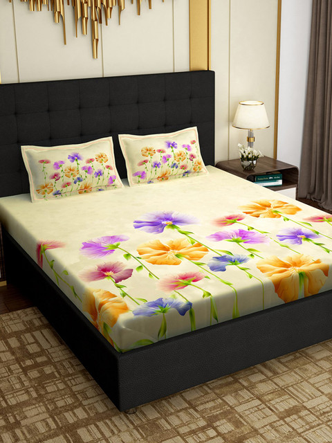 

PAVO Yellow & Purple Floral 300 TC Double King Bedsheet With 2 Pillow Covers