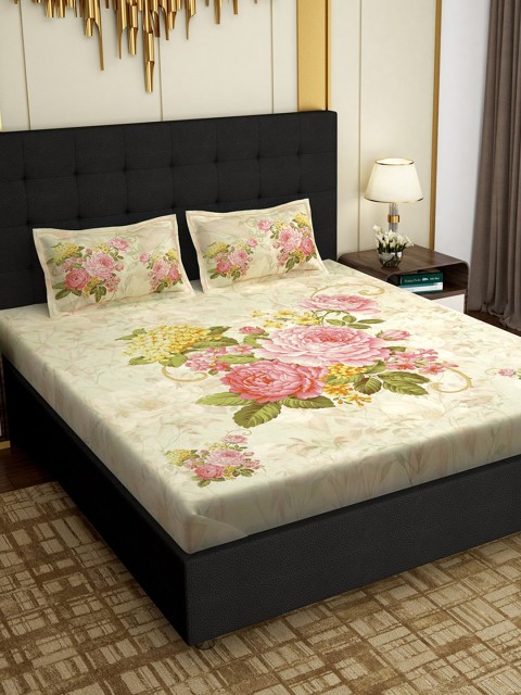 

PAVO Yellow & Pink Floral 300 TC Cotton 1 King Bedsheet with 2 Pillow Covers