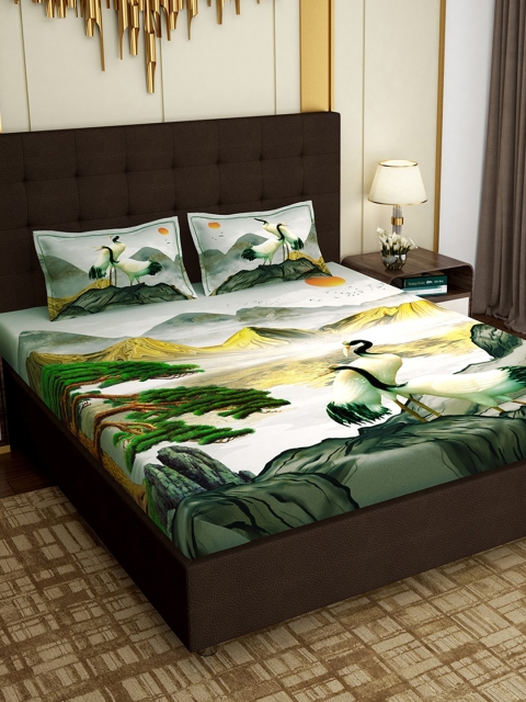 

PAVO Green & Grey Natural Scenery Cotton 300 TC 1 King Bedsheet with 2 Pillow Covers