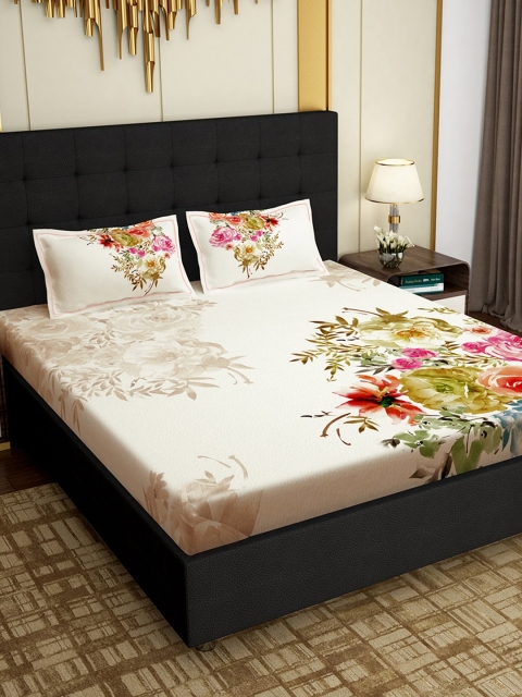 

PAVO Beige & Blue Floral 100% Cotton 300 TC 1 King Bedsheet with 2 Pillow Covers