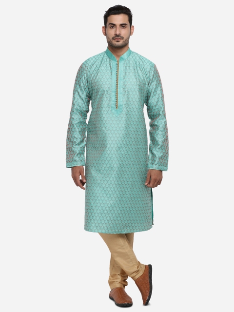 

azania Men Green & Peach-Coloured Self Design Kurta with Pyjamas