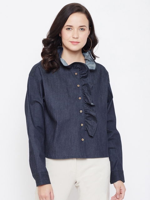 

Zastraa Women Blue Solid Shirt Denim Style Pure Cotton Top