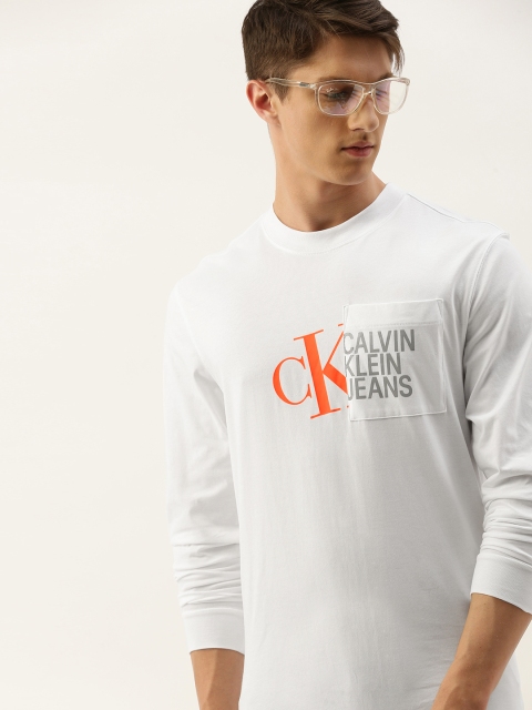

Calvin Klein Jeans Men White Brand Logo Printed Pure Cotton Round Neck T-shirt