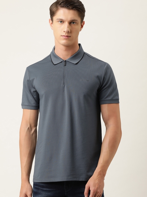 

Calvin Klein Jeans Men Grey Solid Zip Polo Collar T-shirt