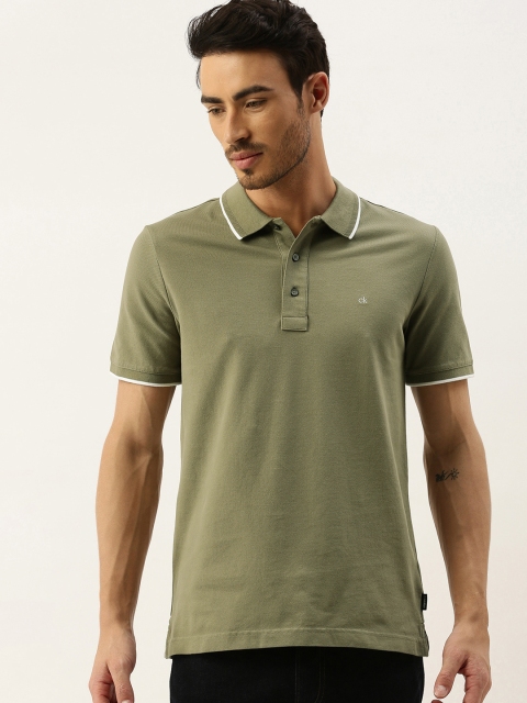 

Calvin Klein Jeans Men Olive Green Slim Fit Solid Polo Collar T-shirt
