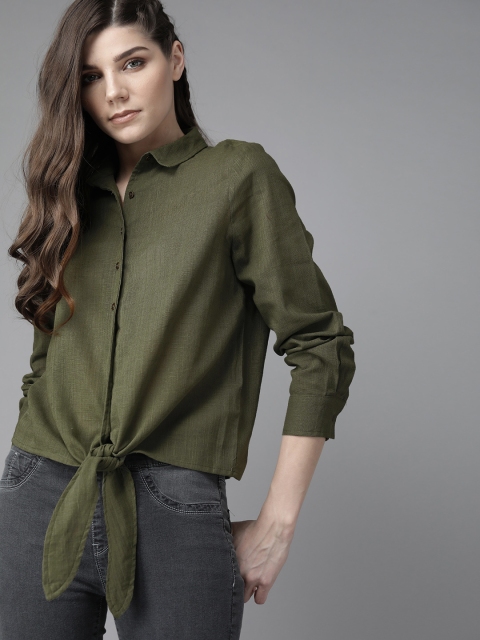 

Roadster Women Olive Green Pure Cotton Solid Regular Fit Casual Shirt