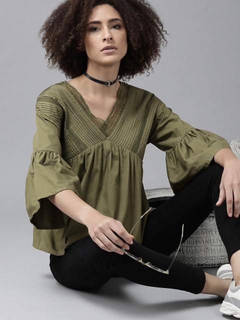 

The Roadster Lifestyle Co Women Olive Green Solid Pure Cotton A-Line Top