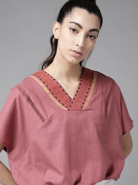 

The Roadster Lifestyle Co Black Extended Sleeve Waist Tie-Up Cotton Blouson Top with Embroidered Detail, Mauve