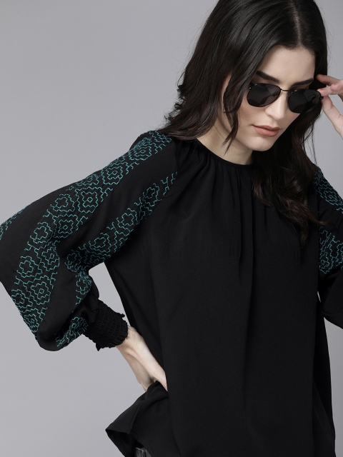 

The Roadster Lifestyle Co Black Smocked Top with Embroidered Sleeves
