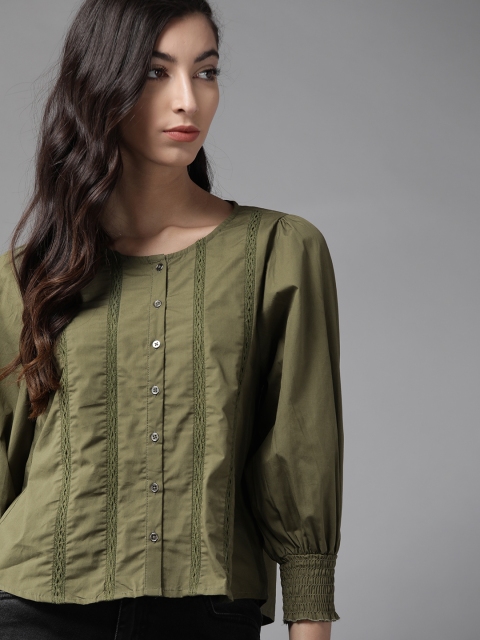 

Roadster Women Olive Green Pure Cotton Solid Puff Sleeves Regular Top