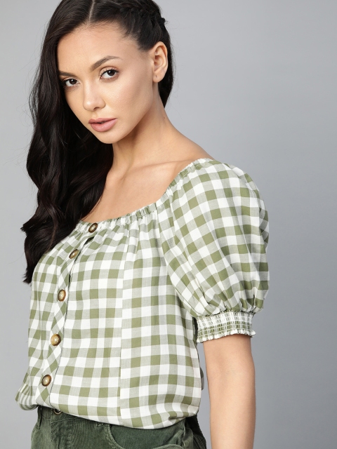 

Roadster White & Olive Green Pure Cotton Checked Puff Sleeve Regular Top