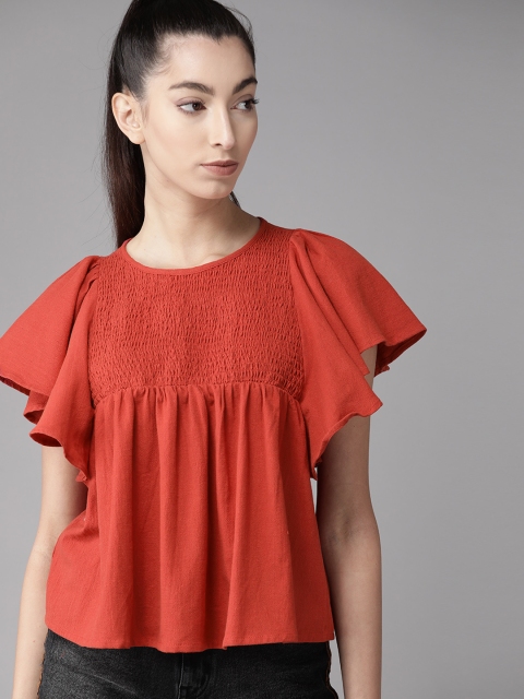 

The Roadster Lifestyle Co Red Solid Smocked Cotton Regular Top, Rust