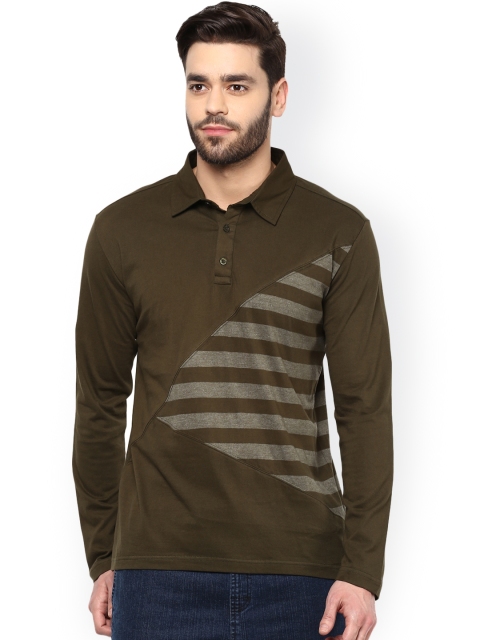 

Hypernation Olive Green Striped Slim Fit Polo T-shirt