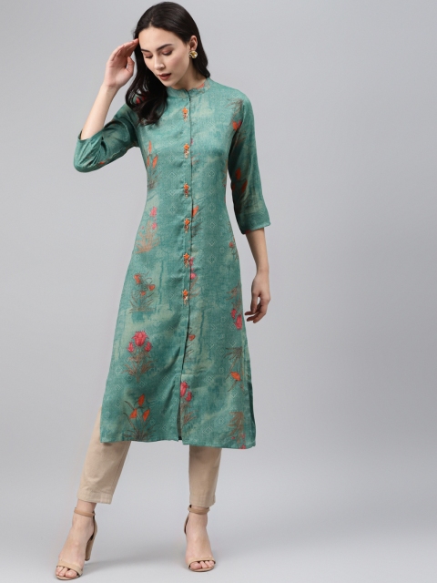 

Nehamta Women Green & Orange Floral Printed Straight Kurta
