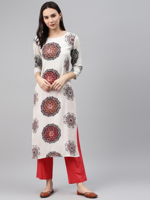 

Nehamta Women Off-White & Red Printed Straight Kurta