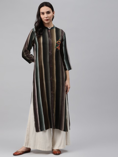 

Nehamta Women Grey & Brown Striped Straight Kurta with Thread Work Detail