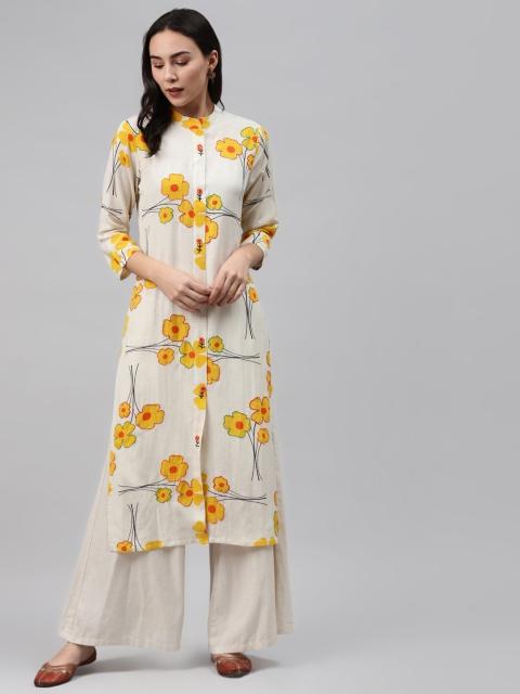 

Nehamta Women Off-White & Yellow Floral Printed Straight Kurta