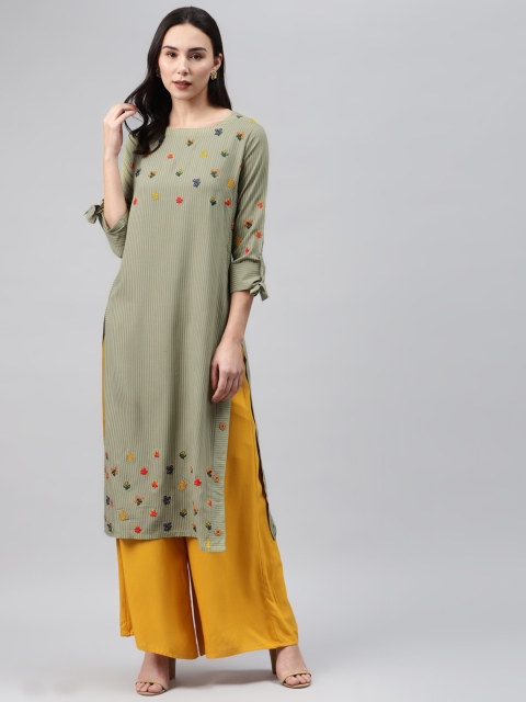 

Nehamta Women Olive Green Striped Straight Kurta with Thread Work Detail