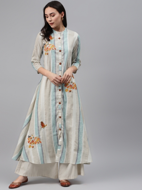 

Nehamta Women Beige & Green Striped Pure Cotton A-Line Kurta with Thread Work Detail